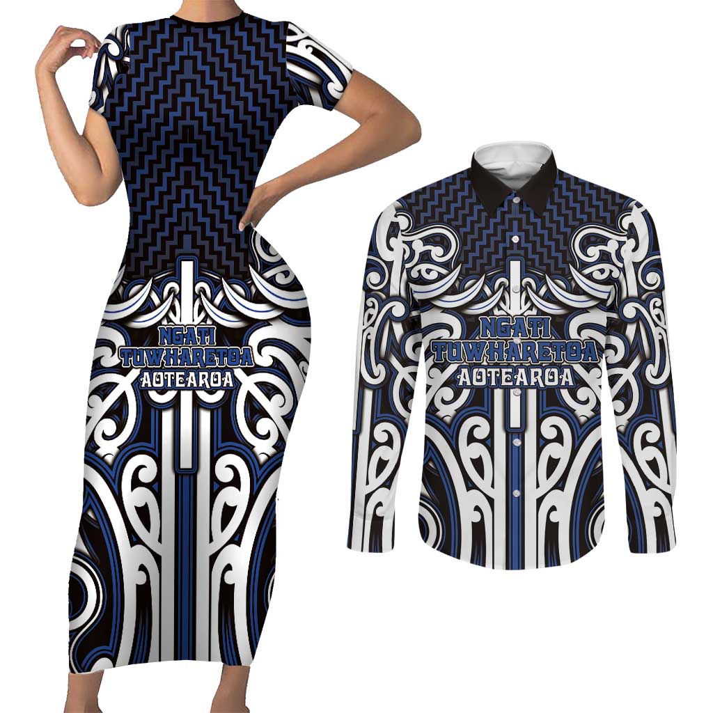 Custom Aotearoa Ngati Tuwharetoa Couples Matching Short Sleeve Bodycon Dress and Long Sleeve Button Shirt Maori Tribal Pattern Mix Poutama LT05 Navy - Polynesian Pride