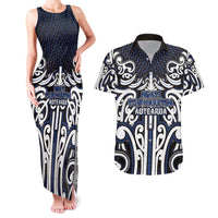 Custom Aotearoa Ngati Tuwharetoa Couples Matching Tank Maxi Dress and Hawaiian Shirt Maori Tribal Pattern Mix Poutama LT05 Navy - Polynesian Pride
