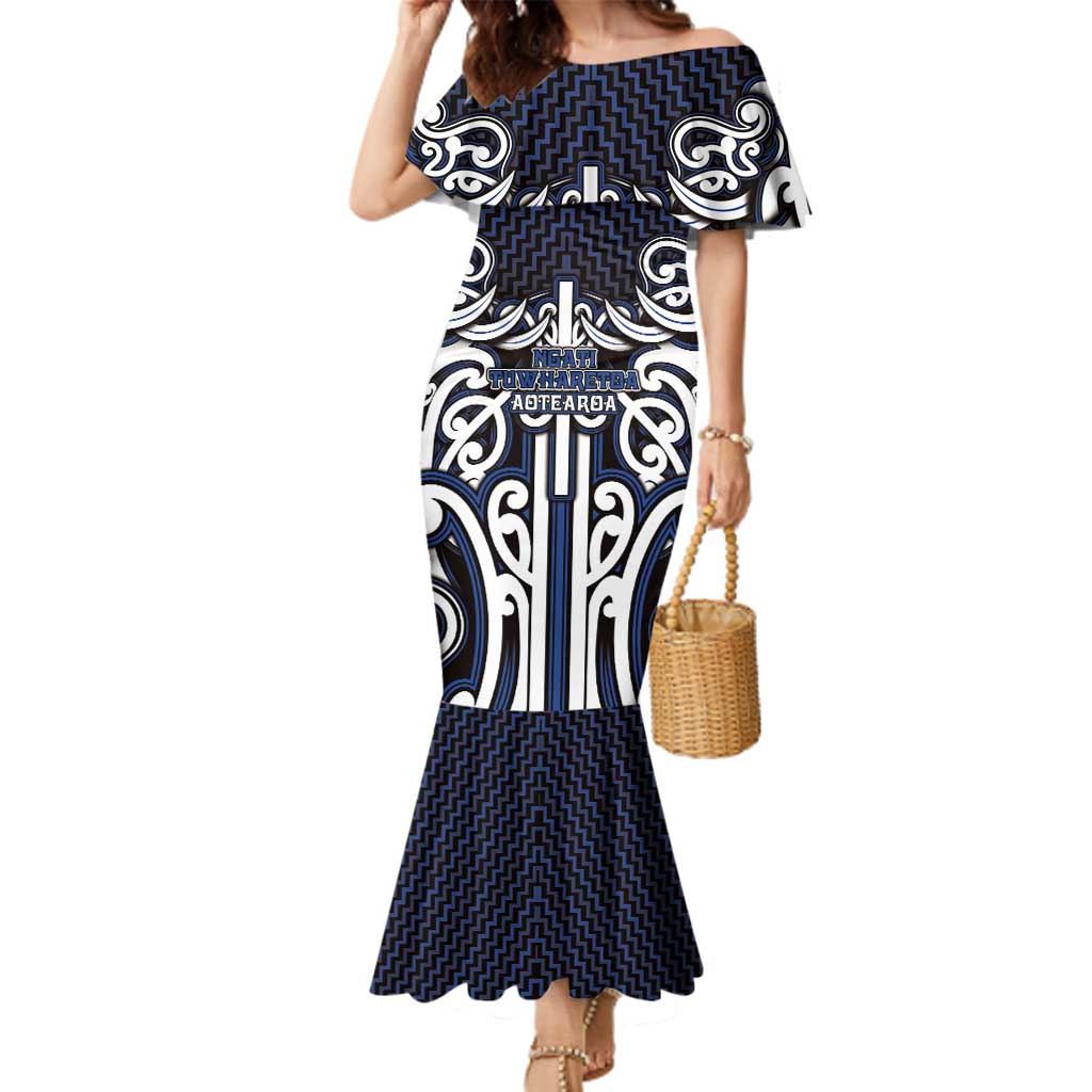 Custom Aotearoa Ngati Tuwharetoa Family Matching Mermaid Dress and Hawaiian Shirt Maori Tribal Pattern Mix Poutama LT05 Mom's Dress Navy - Polynesian Pride