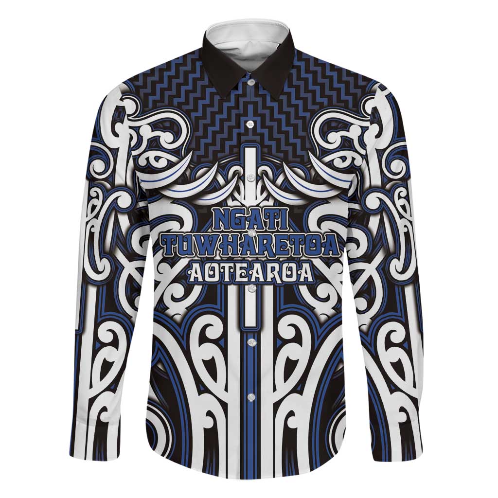 Custom Aotearoa Ngati Tuwharetoa Family Matching Off Shoulder Maxi Dress and Hawaiian Shirt Maori Tribal Pattern Mix Poutama LT05 Dad's Shirt - Long Sleeve Navy - Polynesian Pride