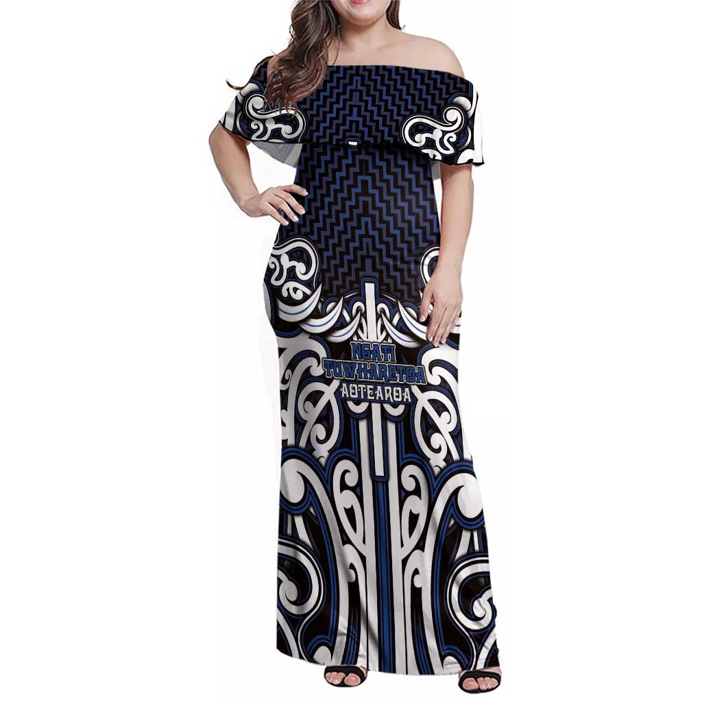 Custom Aotearoa Ngati Tuwharetoa Family Matching Off Shoulder Maxi Dress and Hawaiian Shirt Maori Tribal Pattern Mix Poutama LT05 Mom's Dress Navy - Polynesian Pride