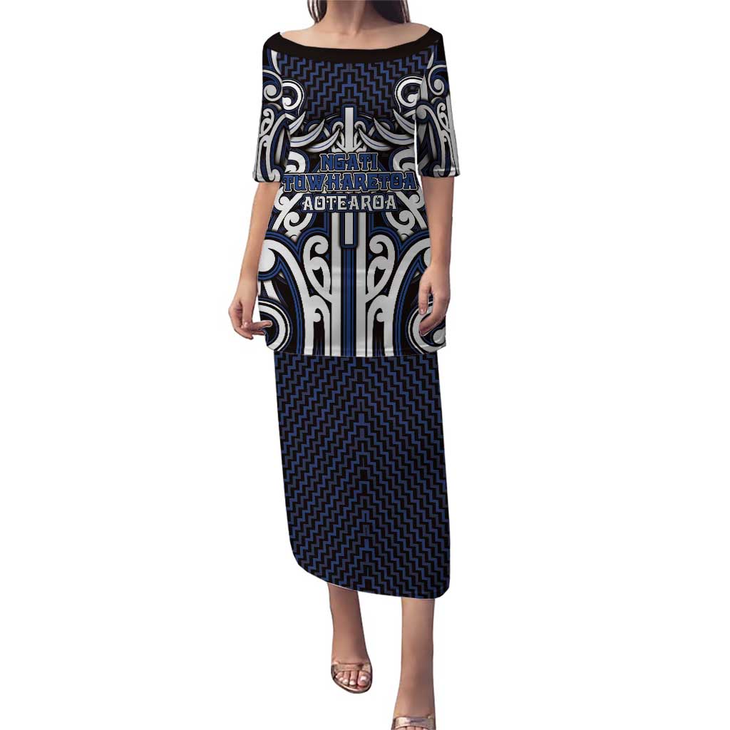 Custom Aotearoa Ngati Tuwharetoa Family Matching Puletasi and Hawaiian Shirt Maori Tribal Pattern Mix Poutama LT05 Mom's Dress Navy - Polynesian Pride