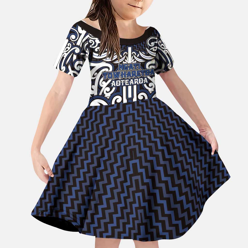 Custom Aotearoa Ngati Tuwharetoa Family Matching Short Sleeve Bodycon Dress and Hawaiian Shirt Maori Tribal Pattern Mix Poutama LT05 Daughter's Dress Navy - Polynesian Pride
