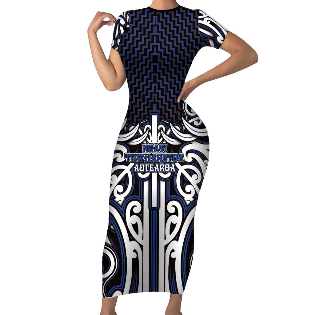 Custom Aotearoa Ngati Tuwharetoa Family Matching Short Sleeve Bodycon Dress and Hawaiian Shirt Maori Tribal Pattern Mix Poutama LT05 Mom's Dress Navy - Polynesian Pride
