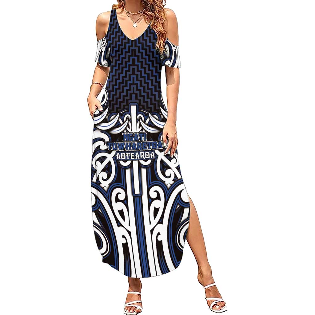 Custom Aotearoa Ngati Tuwharetoa Family Matching Summer Maxi Dress and Hawaiian Shirt Maori Tribal Pattern Mix Poutama LT05 Mom's Dress Navy - Polynesian Pride