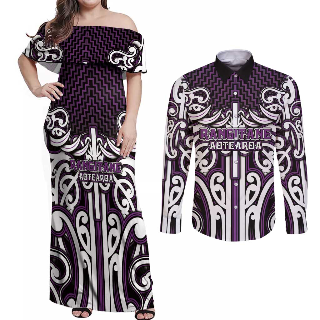 Custom Aotearoa Rangitane Couples Matching Off Shoulder Maxi Dress and Long Sleeve Button Shirt Maori Tribal Pattern Mix Poutama