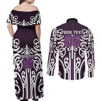 Custom Aotearoa Rangitane Couples Matching Off Shoulder Maxi Dress and Long Sleeve Button Shirt Maori Tribal Pattern Mix Poutama