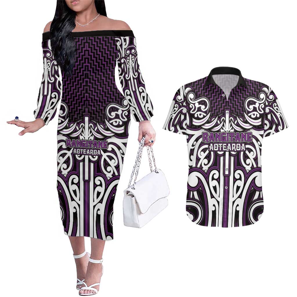 Custom Aotearoa Rangitane Couples Matching Off The Shoulder Long Sleeve Dress and Hawaiian Shirt Maori Tribal Pattern Mix Poutama