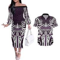 Custom Aotearoa Rangitane Couples Matching Off The Shoulder Long Sleeve Dress and Hawaiian Shirt Maori Tribal Pattern Mix Poutama