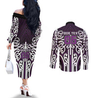 Custom Aotearoa Rangitane Couples Matching Off The Shoulder Long Sleeve Dress and Long Sleeve Button Shirt Maori Tribal Pattern Mix Poutama