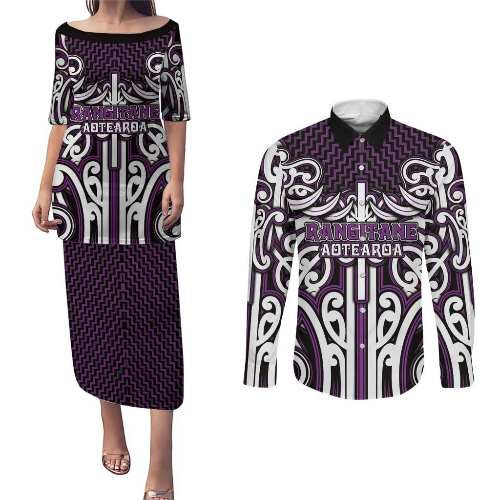Custom Aotearoa Rangitane Couples Matching Puletasi and Long Sleeve Button Shirt Maori Tribal Pattern Mix Poutama