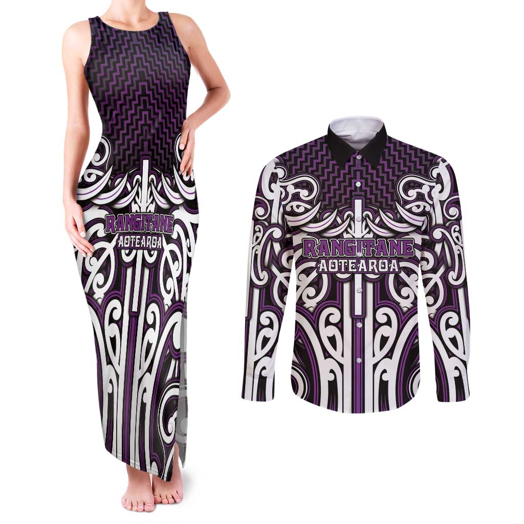 Custom Aotearoa Rangitane Couples Matching Tank Maxi Dress and Long Sleeve Button Shirt Maori Tribal Pattern Mix Poutama