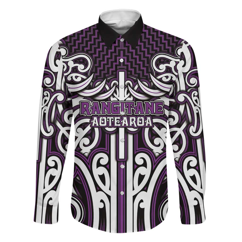 Custom Aotearoa Rangitane Family Matching Off Shoulder Short Dress and Hawaiian Shirt Maori Tribal Pattern Mix Poutama LT05 Dad's Shirt - Long Sleeve Purple - Polynesian Pride