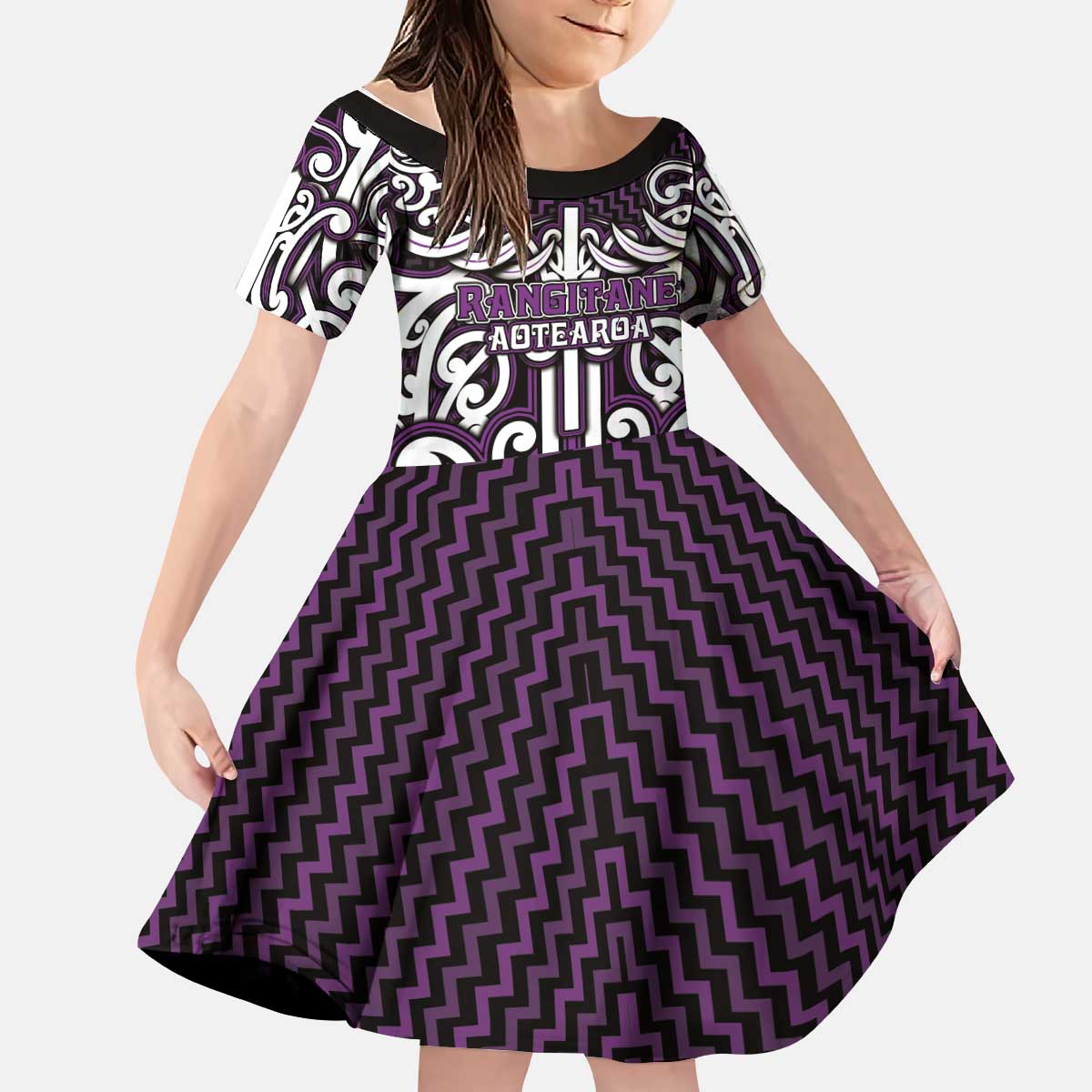 Custom Aotearoa Rangitane Kid Short Sleeve Dress Maori Tribal Pattern Mix Poutama