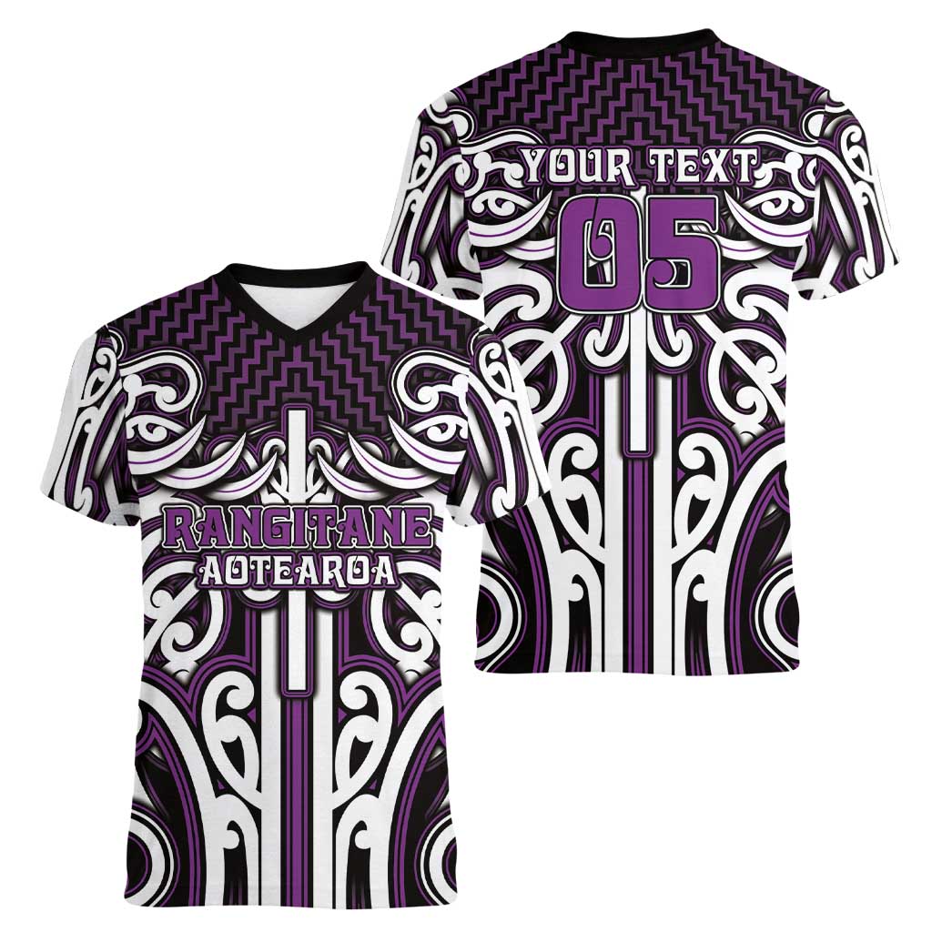 Custom Aotearoa Rangitane Women V-Neck T-Shirt Maori Tribal Pattern Mix Poutama