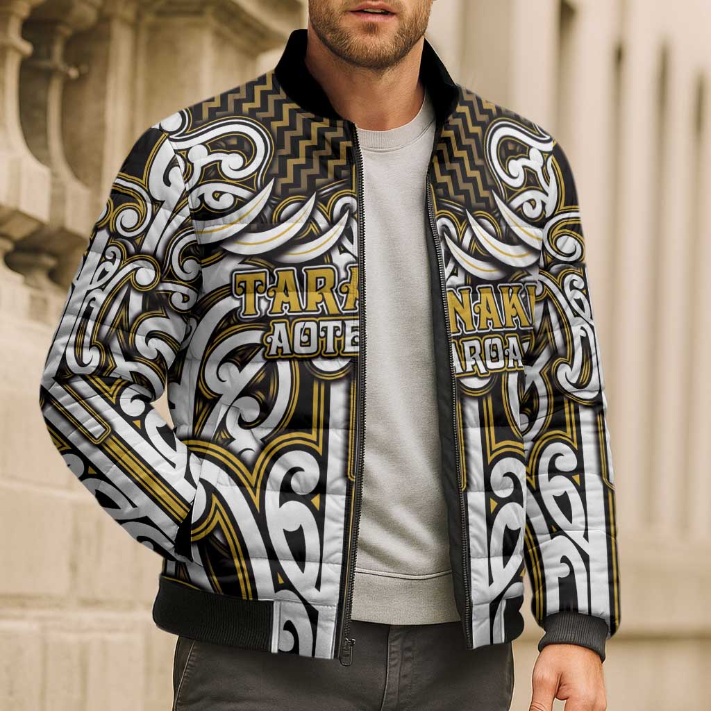 Custom Aotearoa Taranaki Bomber Puffer Jacket Maori Tribal Pattern Mix Poutama