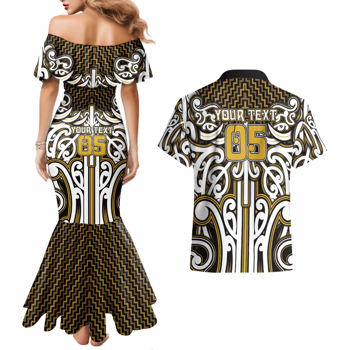 Custom Aotearoa Taranaki Couples Matching Mermaid Dress and Hawaiian Shirt Maori Tribal Pattern Mix Poutama