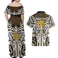 Custom Aotearoa Taranaki Couples Matching Off Shoulder Maxi Dress and Hawaiian Shirt Maori Tribal Pattern Mix Poutama