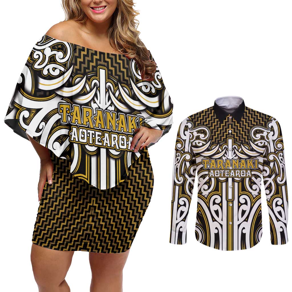 Custom Aotearoa Taranaki Couples Matching Off Shoulder Short Dress and Long Sleeve Button Shirt Maori Tribal Pattern Mix Poutama