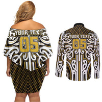 Custom Aotearoa Taranaki Couples Matching Off Shoulder Short Dress and Long Sleeve Button Shirt Maori Tribal Pattern Mix Poutama