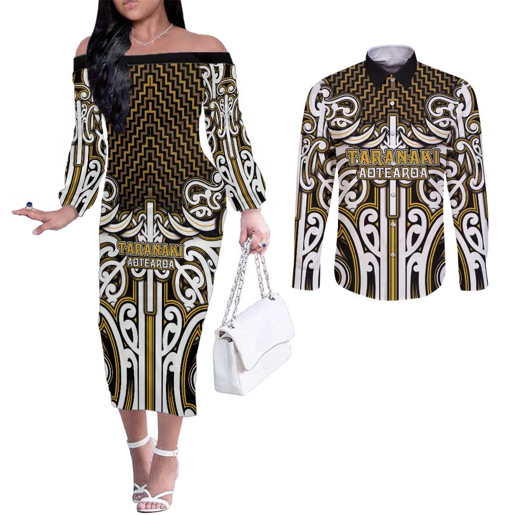 Custom Aotearoa Taranaki Couples Matching Off The Shoulder Long Sleeve Dress and Long Sleeve Button Shirt Maori Tribal Pattern Mix Poutama