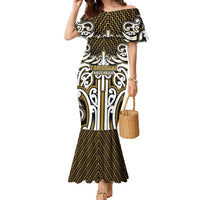 Custom Aotearoa Taranaki Family Matching Mermaid Dress and Hawaiian Shirt Maori Tribal Pattern Mix Poutama LT05 Mom's Dress Yellow - Polynesian Pride