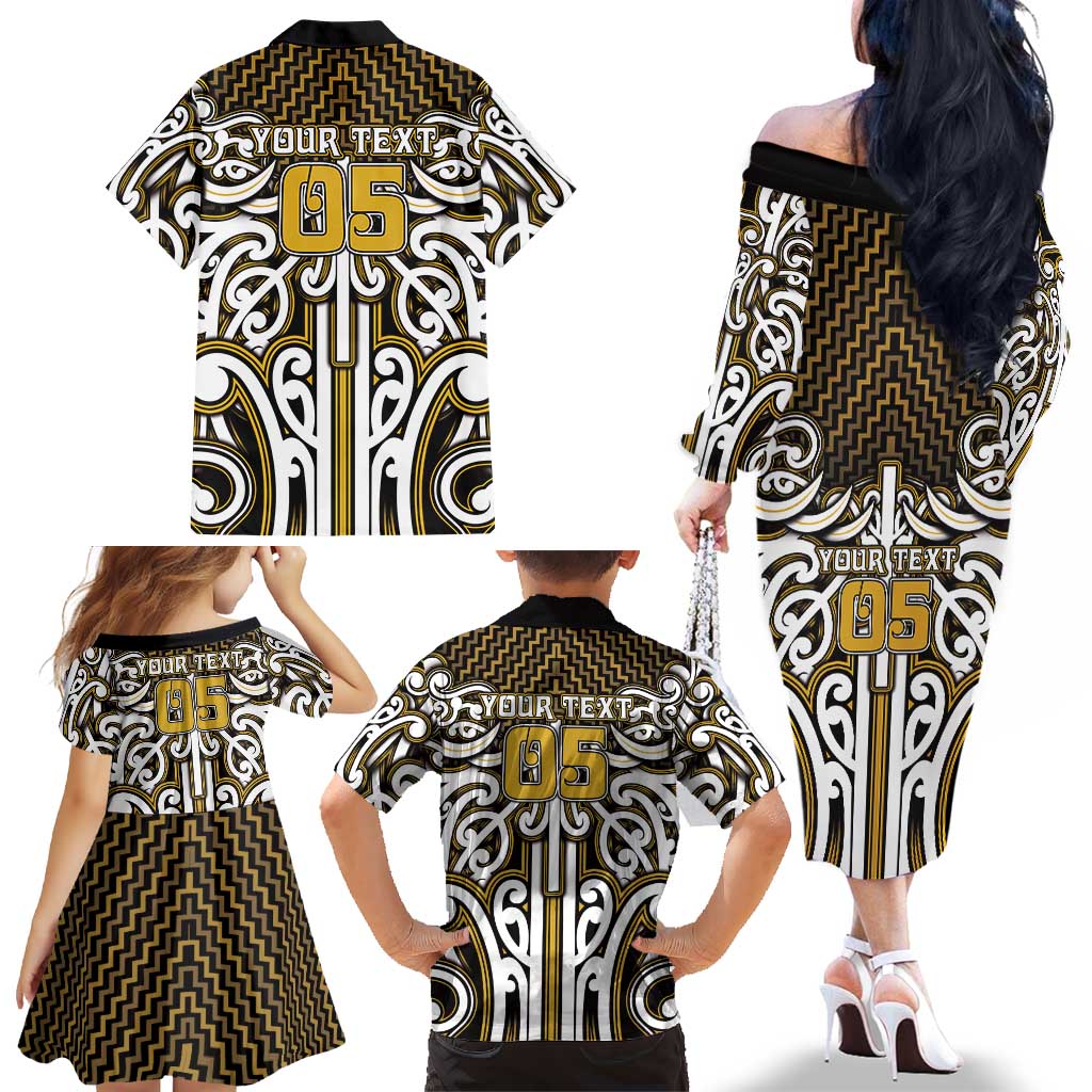 Custom Aotearoa Taranaki Family Matching Off The Shoulder Long Sleeve Dress and Hawaiian Shirt Maori Tribal Pattern Mix Poutama LT05 - Polynesian Pride