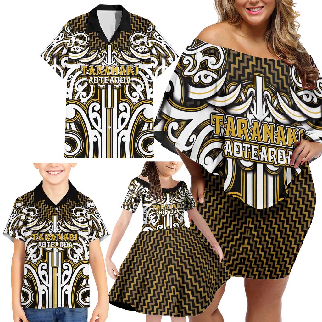 Custom Aotearoa Taranaki Family Matching Off Shoulder Short Dress and Hawaiian Shirt Maori Tribal Pattern Mix Poutama