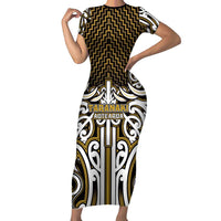 Custom Aotearoa Taranaki Family Matching Short Sleeve Bodycon Dress and Hawaiian Shirt Maori Tribal Pattern Mix Poutama LT05 Mom's Dress Yellow - Polynesian Pride