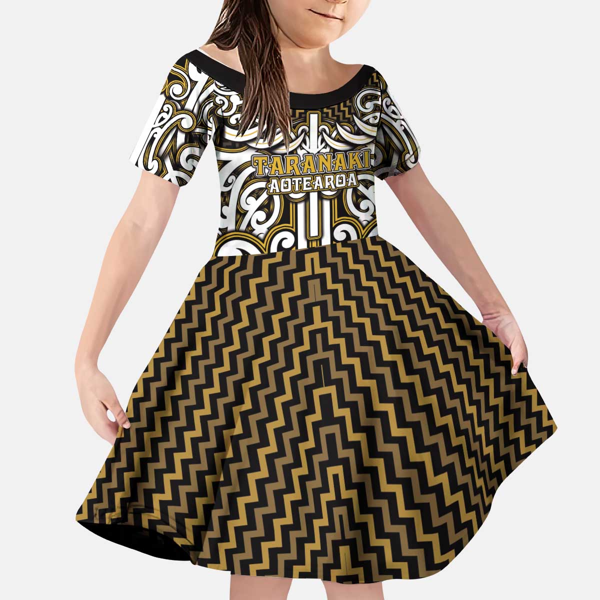 Custom Aotearoa Taranaki Kid Short Sleeve Dress Maori Tribal Pattern Mix Poutama