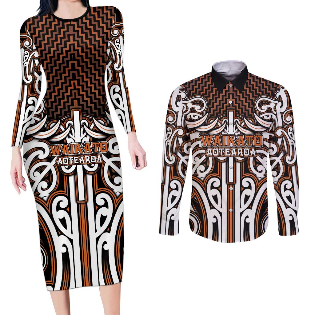 Custom Aotearoa Waikato Couples Matching Long Sleeve Bodycon Dress and Long Sleeve Button Shirt Maori Tribal Pattern Mix Poutama