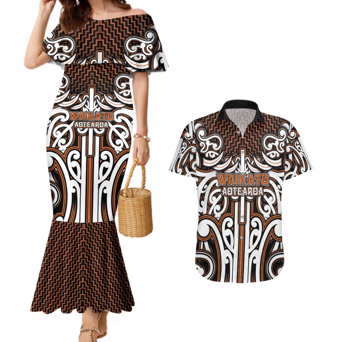 Custom Aotearoa Waikato Couples Matching Mermaid Dress and Hawaiian Shirt Maori Tribal Pattern Mix Poutama