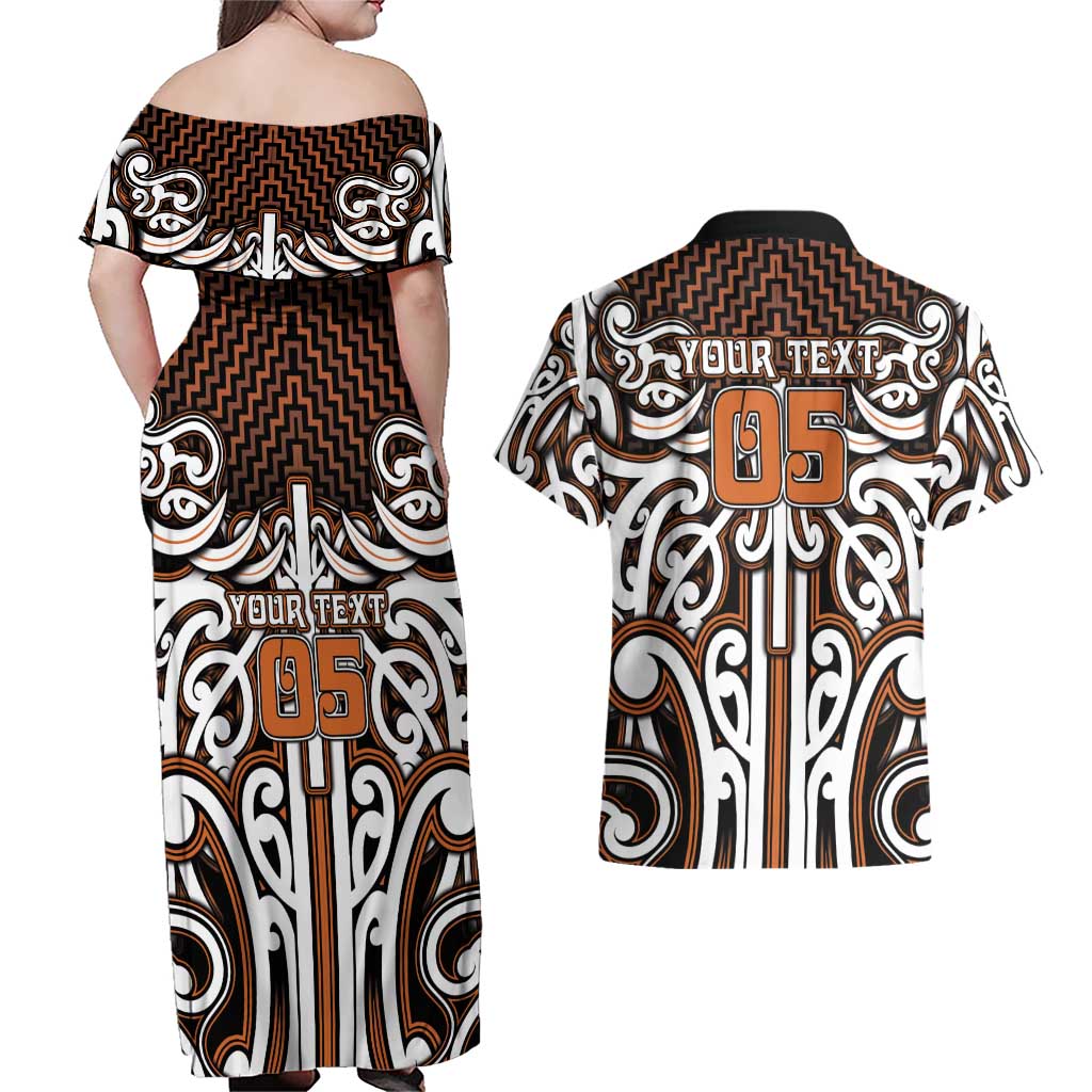 Custom Aotearoa Waikato Couples Matching Off Shoulder Maxi Dress and Hawaiian Shirt Maori Tribal Pattern Mix Poutama