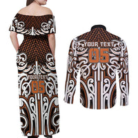 Custom Aotearoa Waikato Couples Matching Off Shoulder Maxi Dress and Long Sleeve Button Shirt Maori Tribal Pattern Mix Poutama