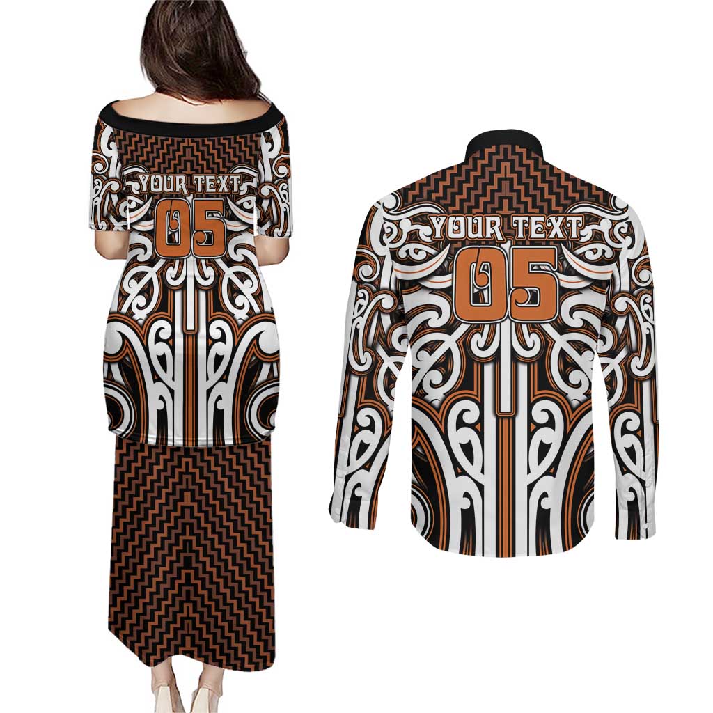 Custom Aotearoa Waikato Couples Matching Puletasi and Long Sleeve Button Shirt Maori Tribal Pattern Mix Poutama
