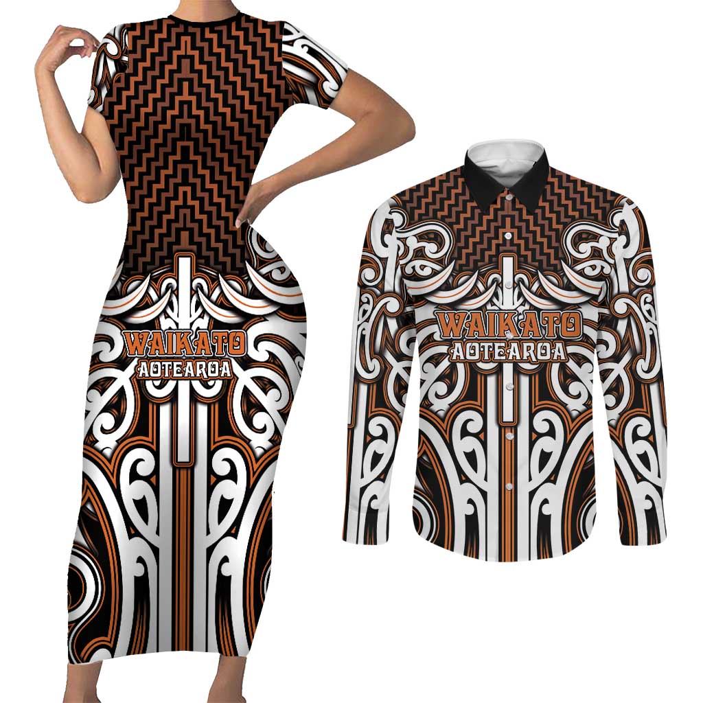 Custom Aotearoa Waikato Couples Matching Short Sleeve Bodycon Dress and Long Sleeve Button Shirt Maori Tribal Pattern Mix Poutama