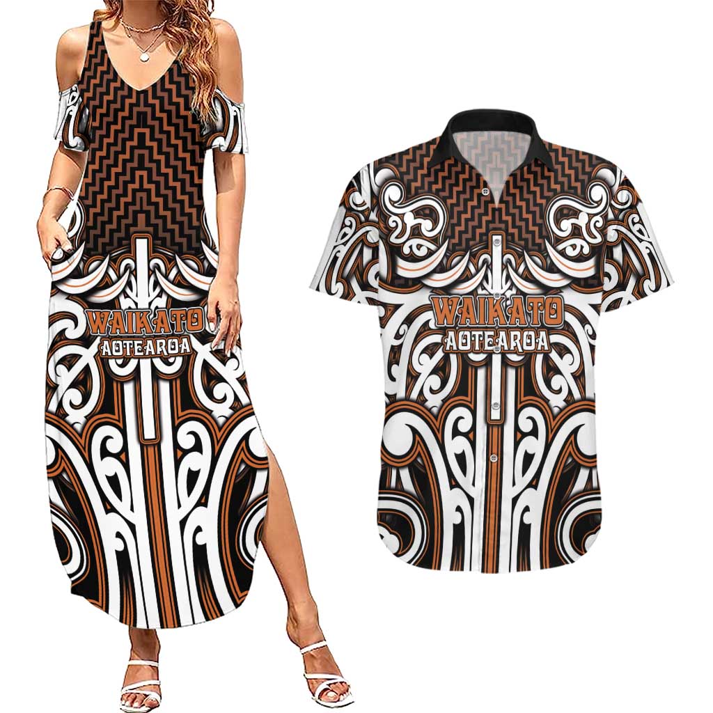 Custom Aotearoa Waikato Couples Matching Summer Maxi Dress and Hawaiian Shirt Maori Tribal Pattern Mix Poutama