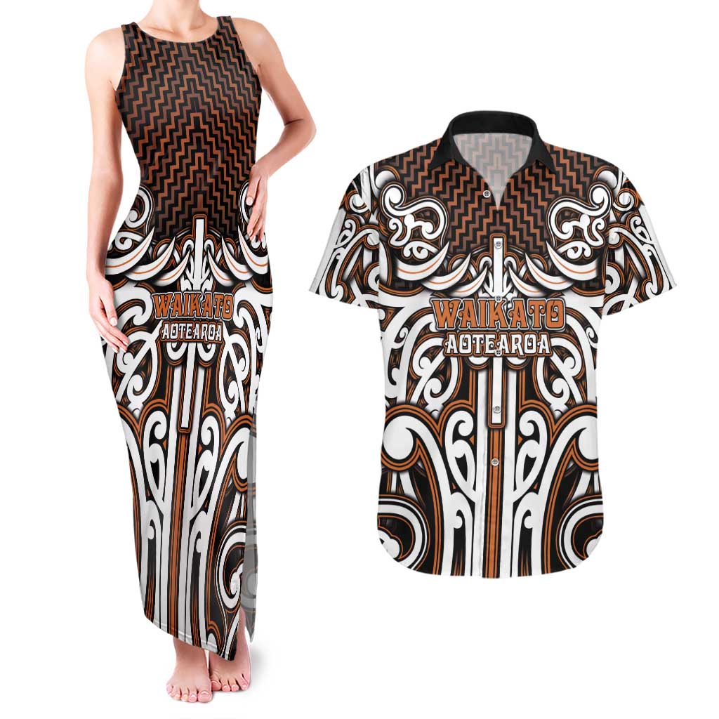 Custom Aotearoa Waikato Couples Matching Tank Maxi Dress and Hawaiian Shirt Maori Tribal Pattern Mix Poutama