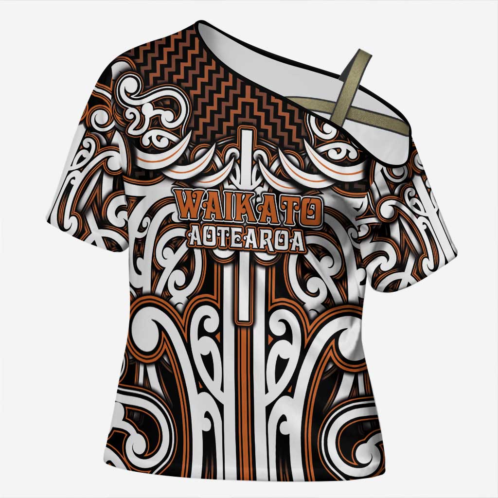 Custom Aotearoa Waikato Cross Shoulder Shirt Maori Tribal Pattern Mix Poutama