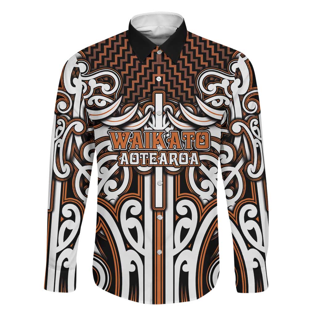 Custom Aotearoa Waikato Family Matching Mermaid Dress and Hawaiian Shirt Maori Tribal Pattern Mix Poutama LT05 Dad's Shirt - Long Sleeve Orange - Polynesian Pride