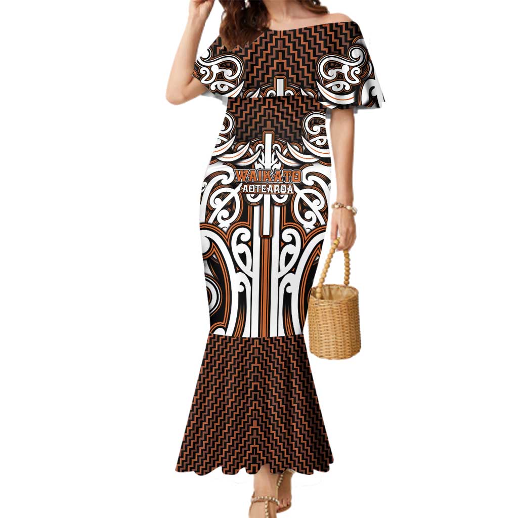 Custom Aotearoa Waikato Family Matching Mermaid Dress and Hawaiian Shirt Maori Tribal Pattern Mix Poutama LT05 Mom's Dress Orange - Polynesian Pride