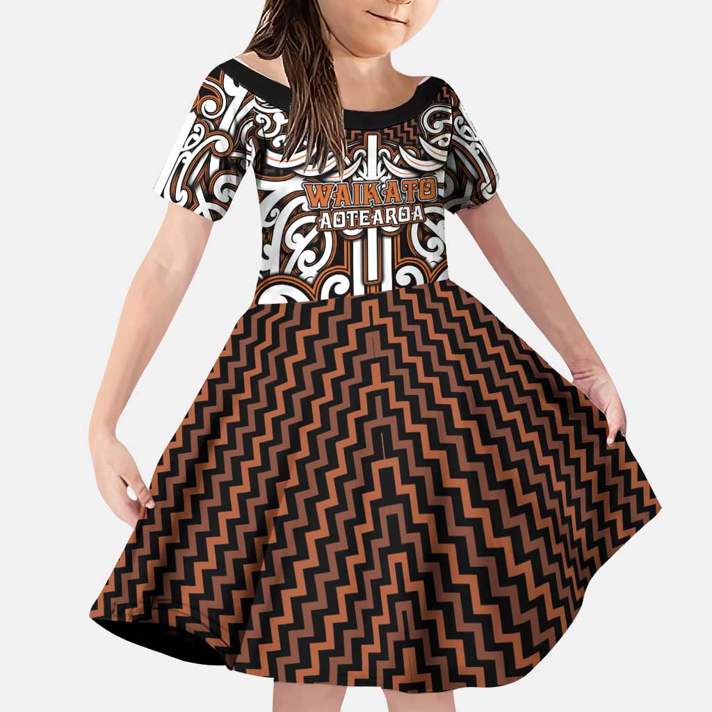 Custom Aotearoa Waikato Family Matching Off Shoulder Short Dress and Hawaiian Shirt Maori Tribal Pattern Mix Poutama LT05 Daughter's Dress Orange - Polynesian Pride