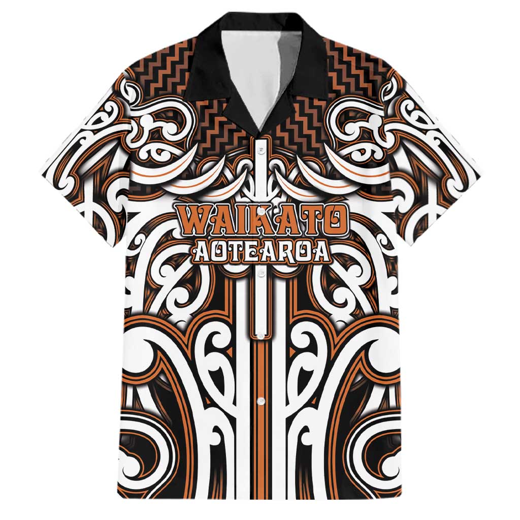 Custom Aotearoa Waikato Family Matching Off Shoulder Short Dress and Hawaiian Shirt Maori Tribal Pattern Mix Poutama LT05 Dad's Shirt - Short Sleeve Orange - Polynesian Pride