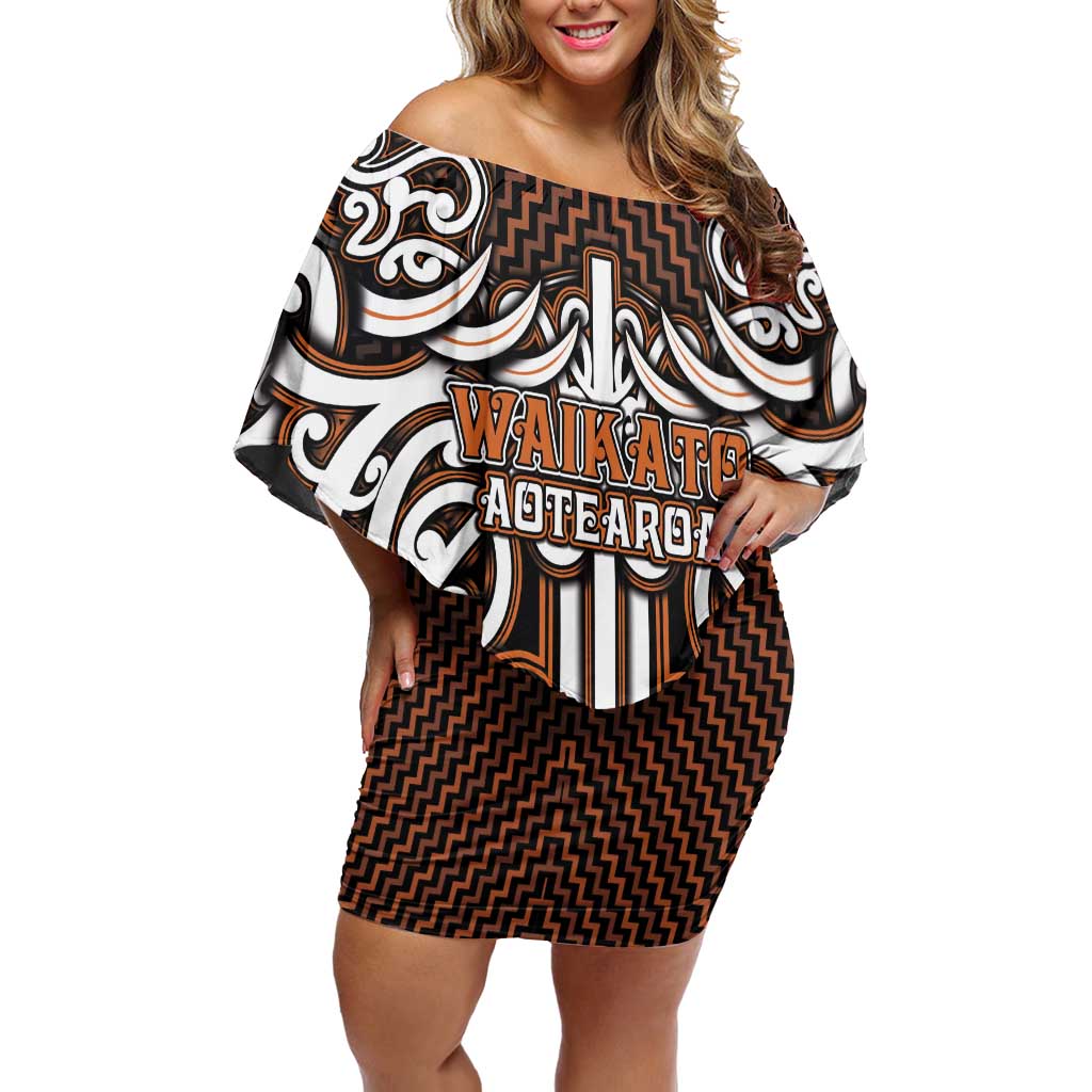 Custom Aotearoa Waikato Family Matching Off Shoulder Short Dress and Hawaiian Shirt Maori Tribal Pattern Mix Poutama LT05 Mom's Dress Orange - Polynesian Pride