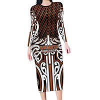 Custom Aotearoa Waikato Long Sleeve Bodycon Dress Maori Tribal Pattern Mix Poutama