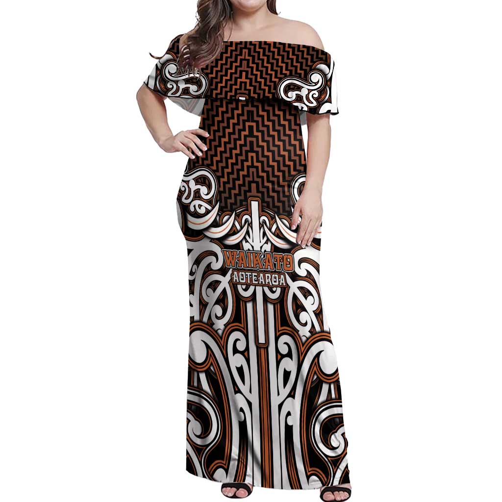 Custom Aotearoa Waikato Off Shoulder Maxi Dress Maori Tribal Pattern Mix Poutama