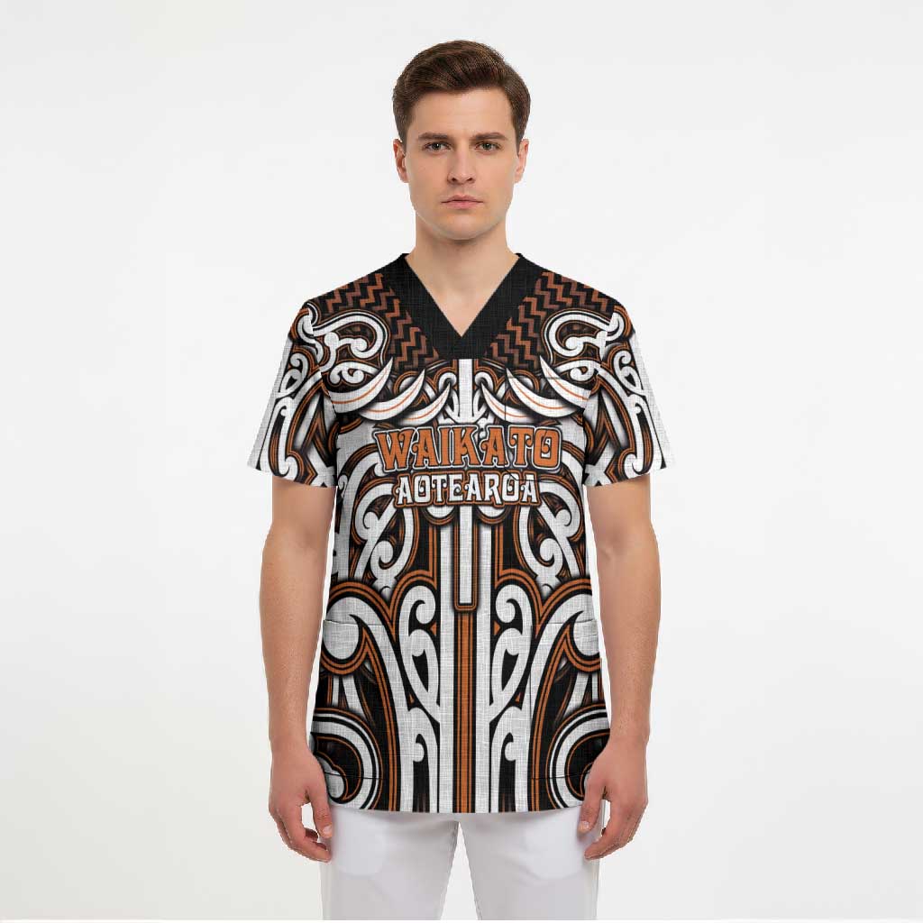 Custom Aotearoa Waikato Scrub Top Maori Tribal Pattern Mix Poutama