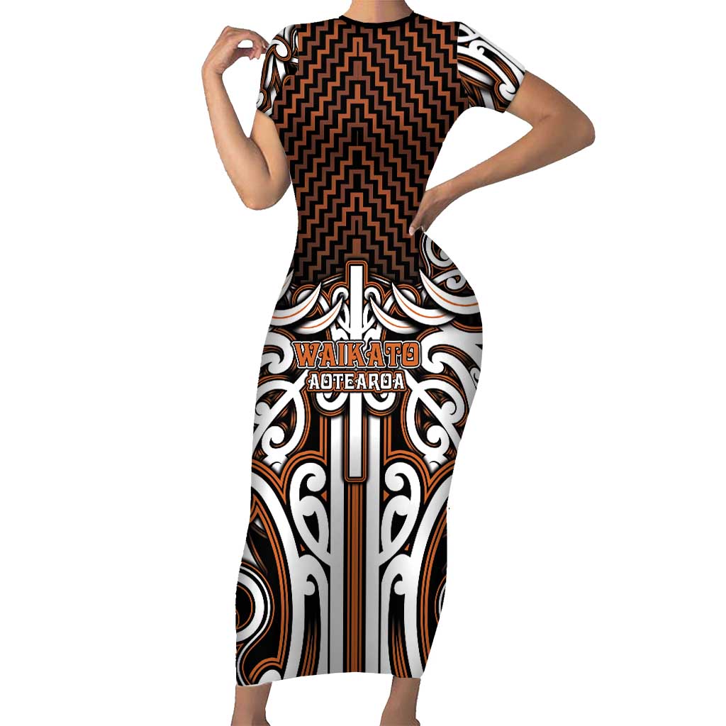 Custom Aotearoa Waikato Short Sleeve Bodycon Dress Maori Tribal Pattern Mix Poutama
