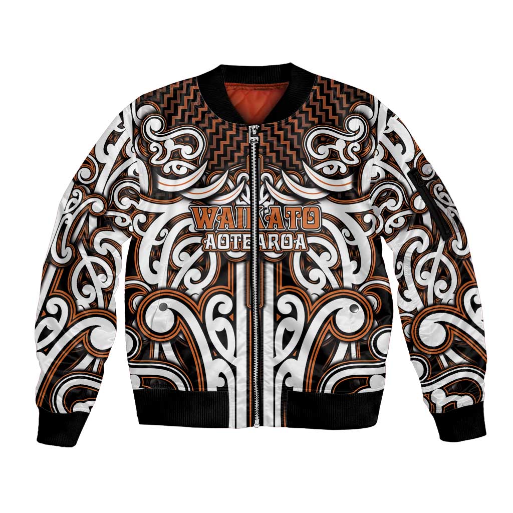 Custom Aotearoa Waikato Sleeve Zip Bomber Jacket Maori Tribal Pattern Mix Poutama