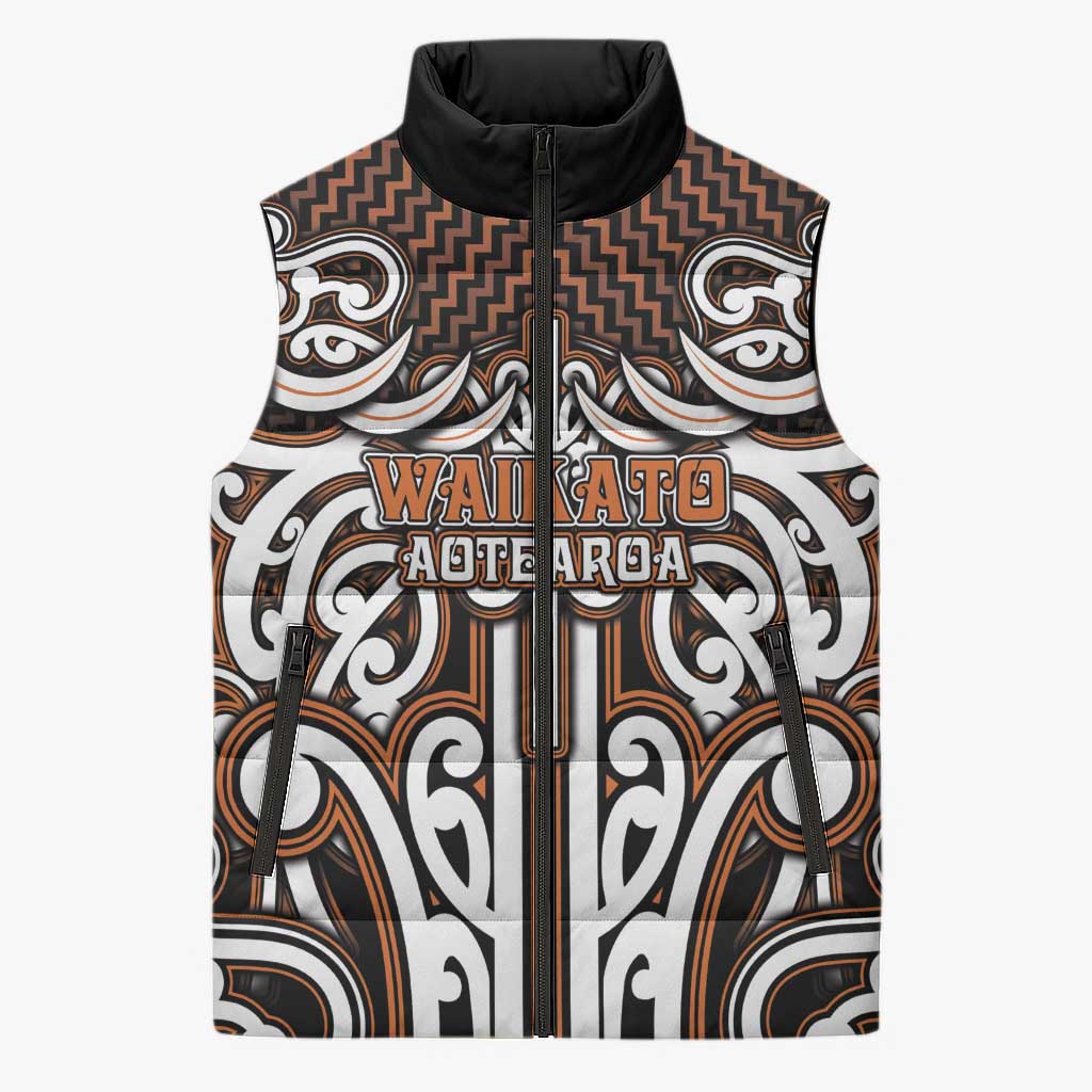 Custom Aotearoa Waikato Sleeveless Puffer Jacket Maori Tribal Pattern Mix Poutama